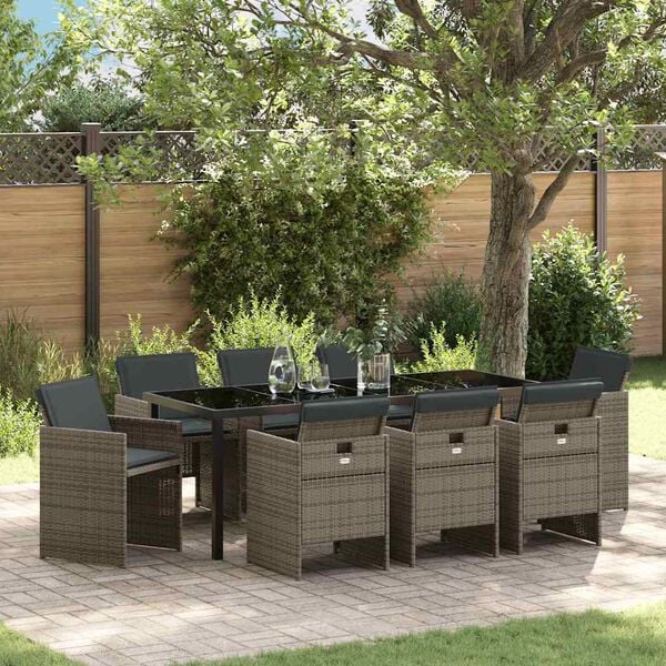 vidaXL Garten Essgruppe mit Kissen 9 pcs Grau Poly-Rattan