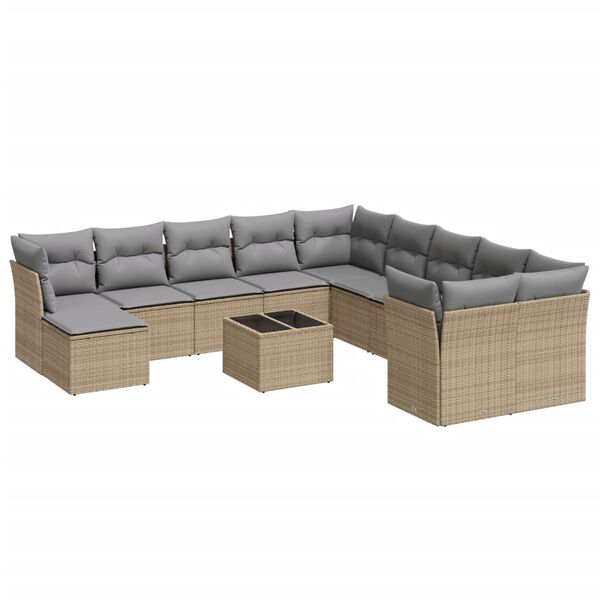 vidaXL 12-tlg. Garten-Sofagarnitur mit Kissen Beige Poly Rattan