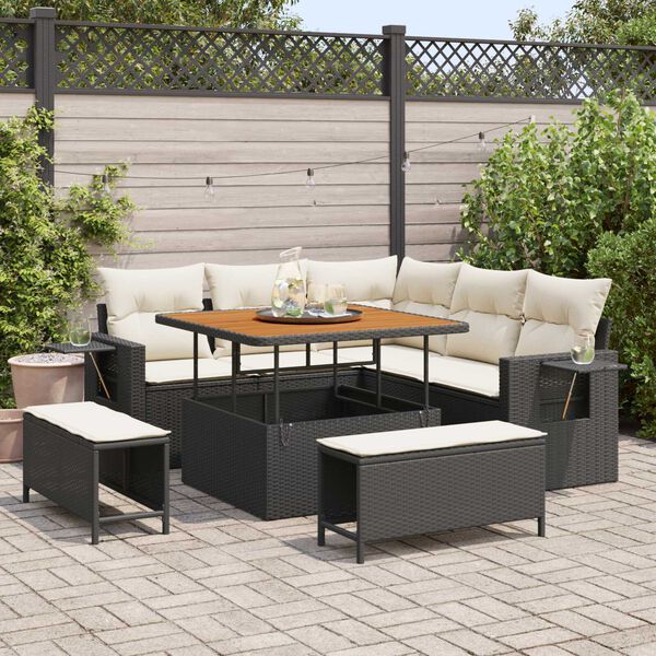 vidaXL Gartensofa-set mit Kissen 9 pcs Schwarz und Creme Poly-Rattan