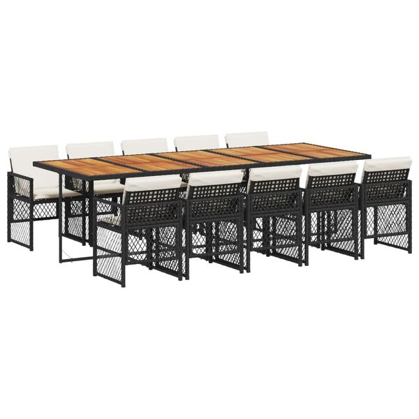 vidaXL 11-tlg. Garten-Essgruppe mit Kissen Schwarz Poly Rattan