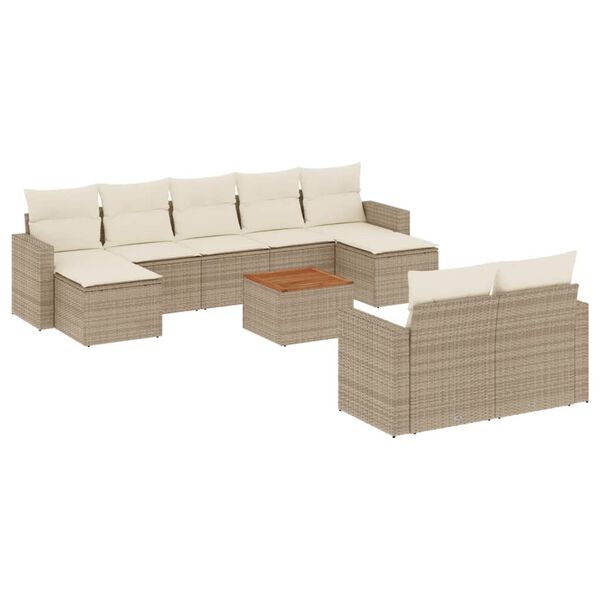 vidaXL 10-tlg. Garten-Sofagarnitur mit Kissen Beige Poly Rattan