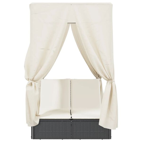 vidaXL Doppel-Sonnenliege mit Dach und Vorhängen Schwarz Poly-Rattan