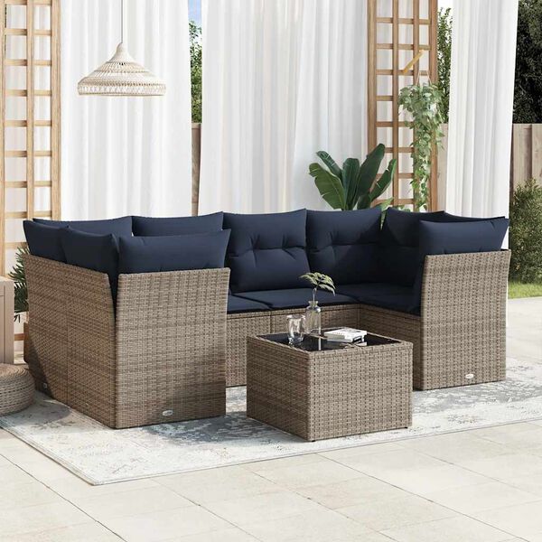 vidaXL 7-tlg. Garten-Sofagarnitur mit Kissen Grau Poly Rattan