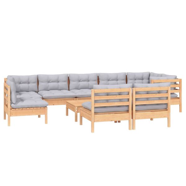 vidaXL 10-tlg. Garten-Lounge-Set mit Grauen Kissen Kiefer Massivholz