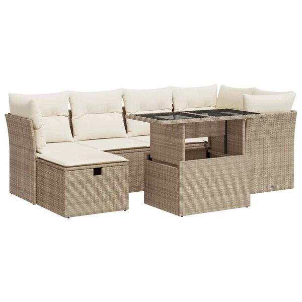 vidaXL 7-tlg. Garten-Sofagarnitur mit Kissen Beige Poly Rattan