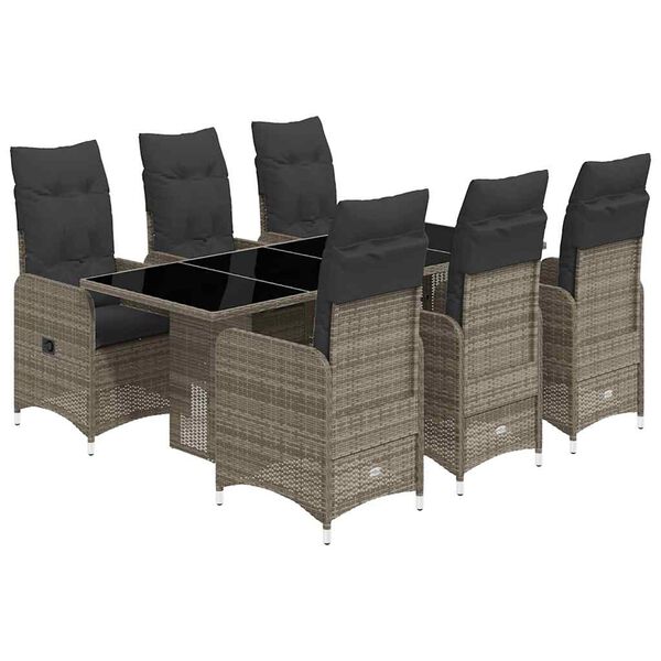 vidaXL 7-tlg. Garten-Bistro-Set mit Kissen Grau Poly Rattan