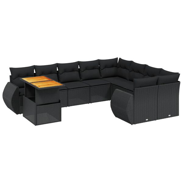 vidaXL 10-tlg. Garten-Sofagarnitur mit Kissen Schwarz Poly Rattan