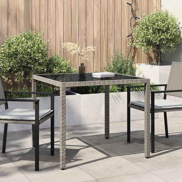 vidaXL Gartentisch 90x90x75 cm Gehärtetes Glas Poly Rattan Grau