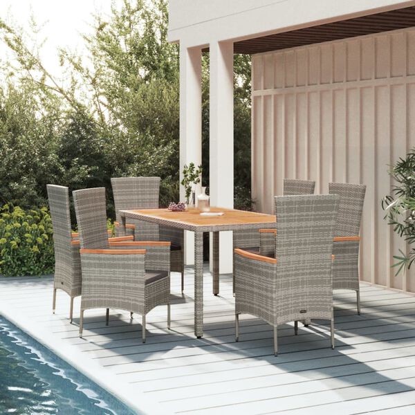 vidaXL 7-tlg. Garten-Essgruppe mit Kissen Grau Poly Rattan