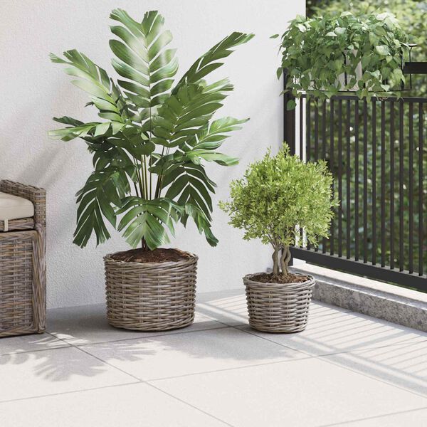 vidaXL Blumentopf Korb mit Speicher 2 pcs Grau Kubu Rattan