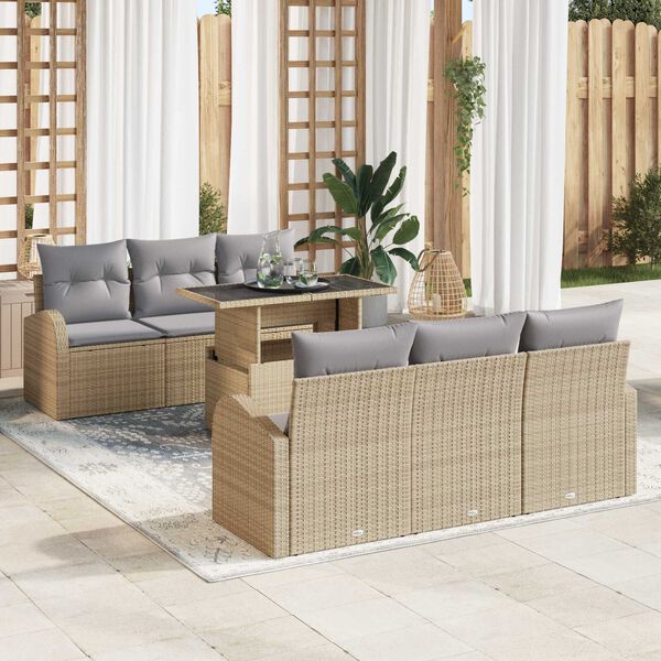 vidaXL Gartensofa-set mit Kissen mit Speicher 7 pcs Beige Poly Rattan