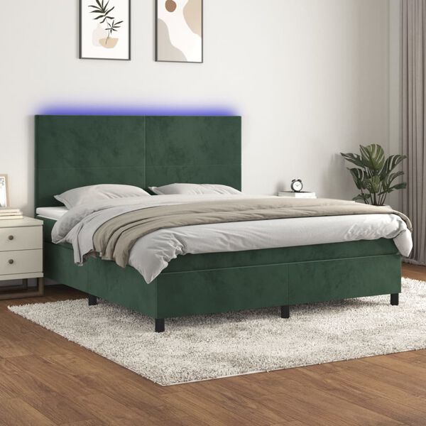 vidaXL Boxspringbett mit Matratze & LED Dunkelgr&uuml;n 160x200 cm Samt