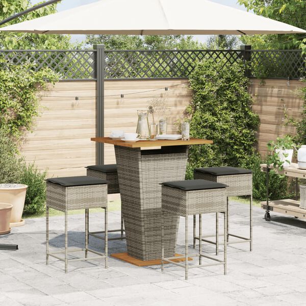vidaXL 5-tlg. Gartenbar-Set mit Kissen Grau Poly Rattan