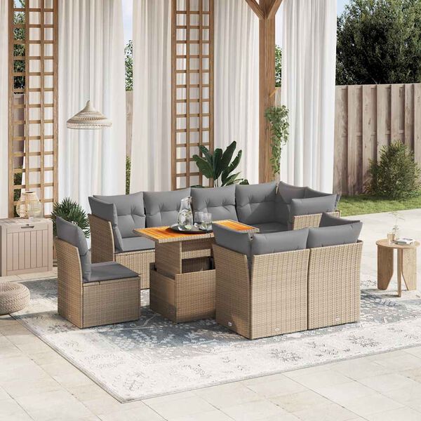 vidaXL 9-tlg. Garten-Sofagarnitur mit Kissen Beige Poly Rattan