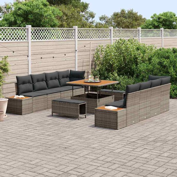 vidaXL Gartensofa-set mit Kissen mit Speicher 11 pcs Grau Poly Rattan