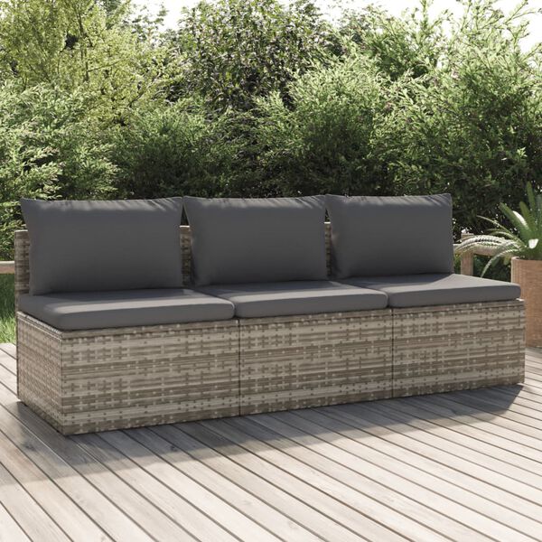 vidaXL Gartensofa 3-Sitzer mit Kissen Grau Poly Rattan