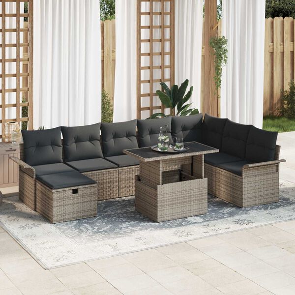vidaXL Garten-Sofa-Set mit Kissen mit Speicher 9 pcs Grau Poly Rattan