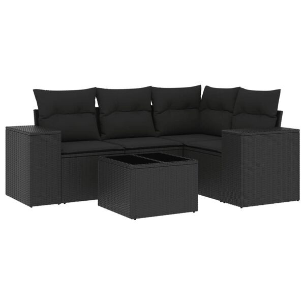 vidaXL 5-tlg. Garten-Sofagarnitur mit Kissen Schwarz Poly Rattan