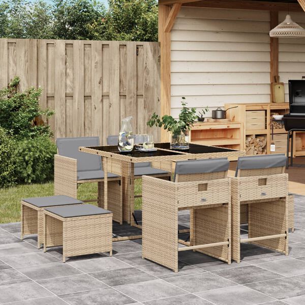 vidaXL 9-tlg. Garten-Essgruppe mit Kissen Beigemischung Poly Rattan