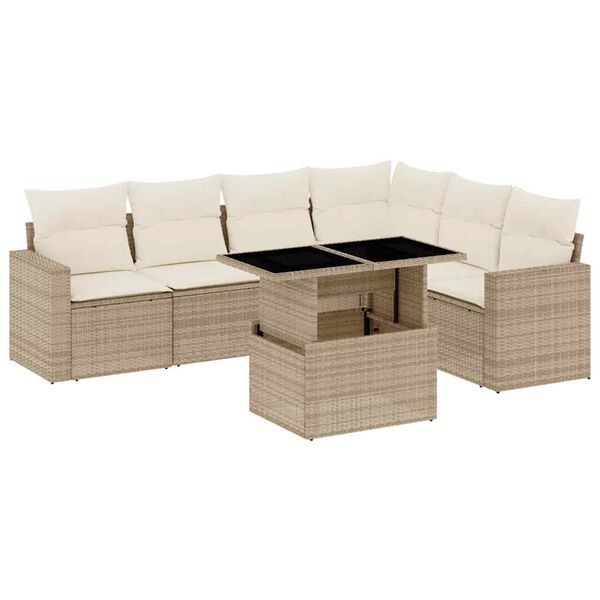 vidaXL 7-tlg. Garten-Sofagarnitur mit Kissen Beige Poly Rattan