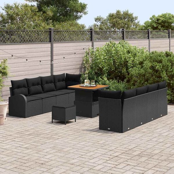 vidaXL Garten-Sofa-Set mit Kissen 11 pcs Schwarz Poly Rattan