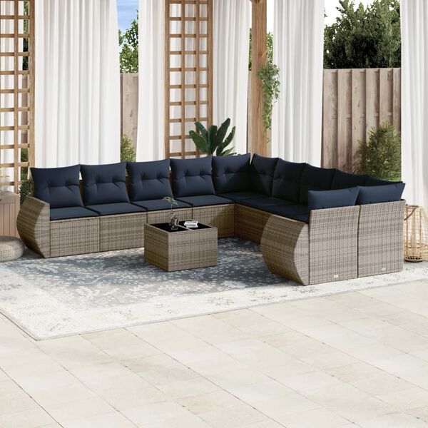 vidaXL 11-teiliges Gartensofa-Set mit Kissen, grau, Polyrattan