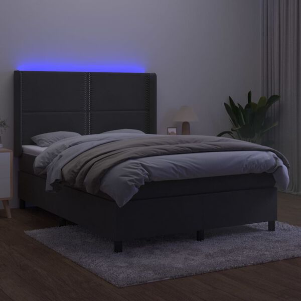 vidaXL Boxspringbett mit Matratze & LED Dunkelgrau 140x200 cm Samt