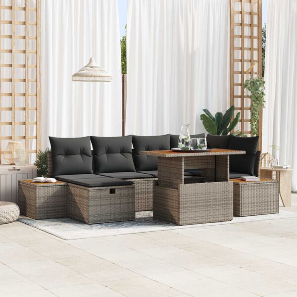 vidaXL Garten-Sofa-Set mit Kissen mit Speicher 7 pcs Grau Poly Rattan