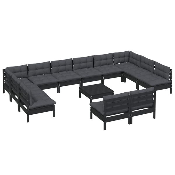 vidaXL 13-tlg. Garten-Lounge-Set mit Kissen Schwarz Kiefer Massivholz