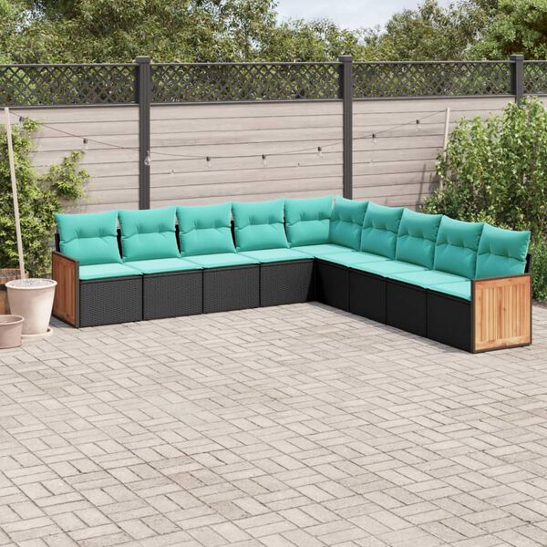 vidaXL 9-teiliges Gartensofa-Set mit Kissen, schwarzes Polyrattan