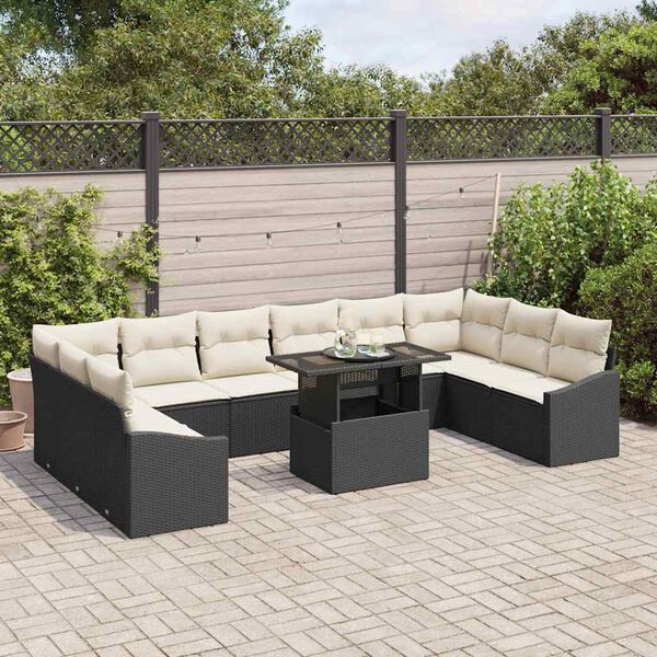 vidaXL Sofa Set mit Kissen 11 pcs Schwarz und Creme Poly-Rattan