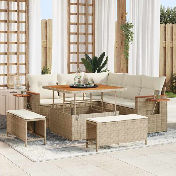 vidaXL Gartensofa-set mit Kissen 9 pcs Beige und Creme Poly-Rattan