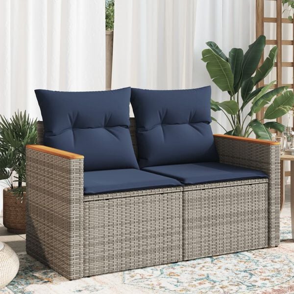 vidaXL Gartensofa mit Kissen 2-Sitzer Grau Poly Rattan