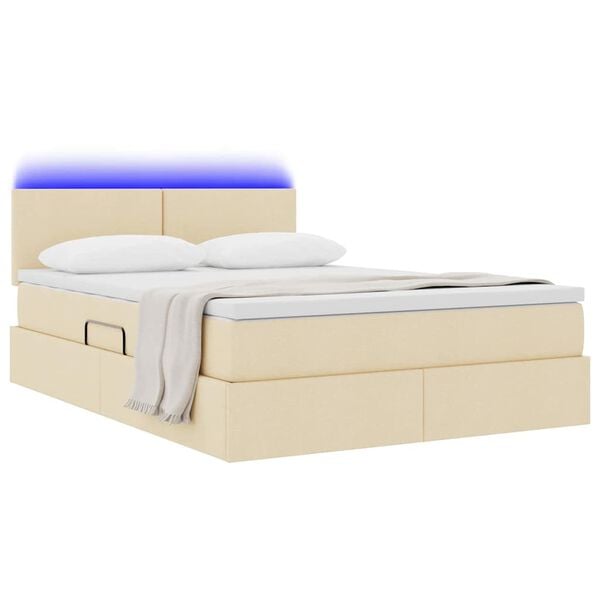 vidaXL Bett mit Stauraum und LED mit Matratze Creme 140 x 200 cm Stoff