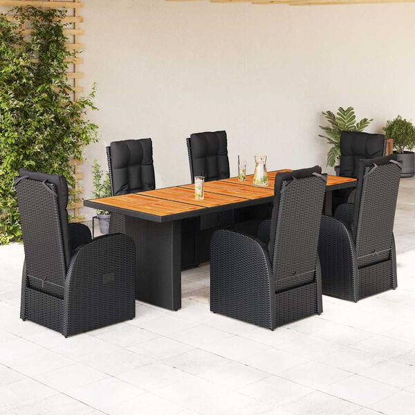 vidaXL 7-tlg. Garten-Essgruppe mit Kissen Schwarz Poly Rattan