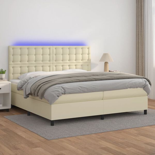 vidaXL Boxspringbett mit Matratze & LED Creme 200x200 cm Kunstleder