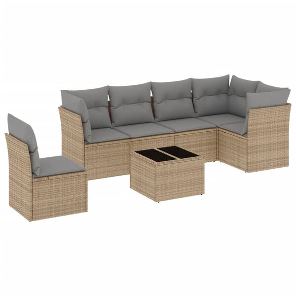 vidaXL 7-tlg. Garten-Sofagarnitur mit Kissen Beige Poly Rattan