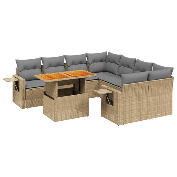 vidaXL 9-tlg. Garten-Sofagarnitur mit Kissen Beige Poly Rattan