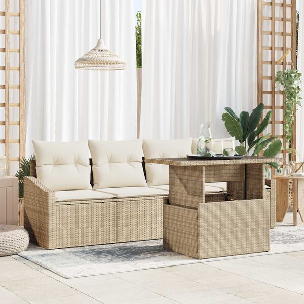 vidaXL Garten-Sofa-Set mit Kissen 5 pcs Beige und Creme Poly-Rattan