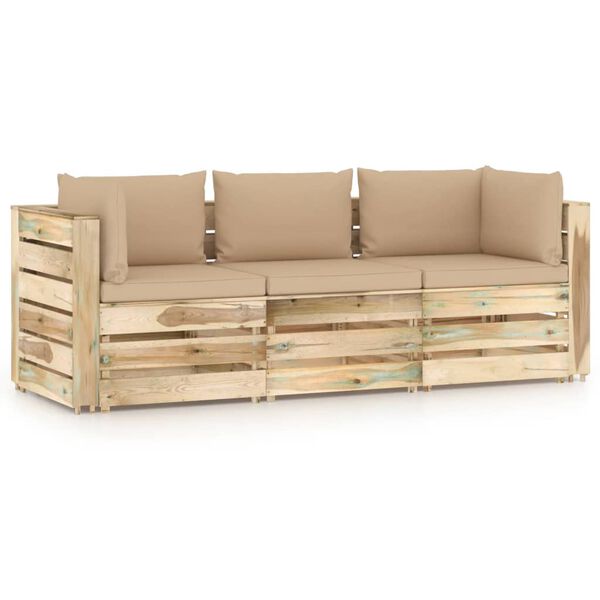 vidaXL 3-Sitzer Outdoor-Sofa mit Kissen Gr&uuml;n Impr&auml;gniertes Holz