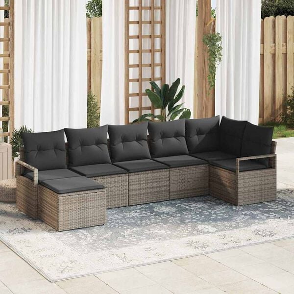vidaXL Sofa Set mit Kissen mit Speicher 7 pcs Grau Poly-Rattan