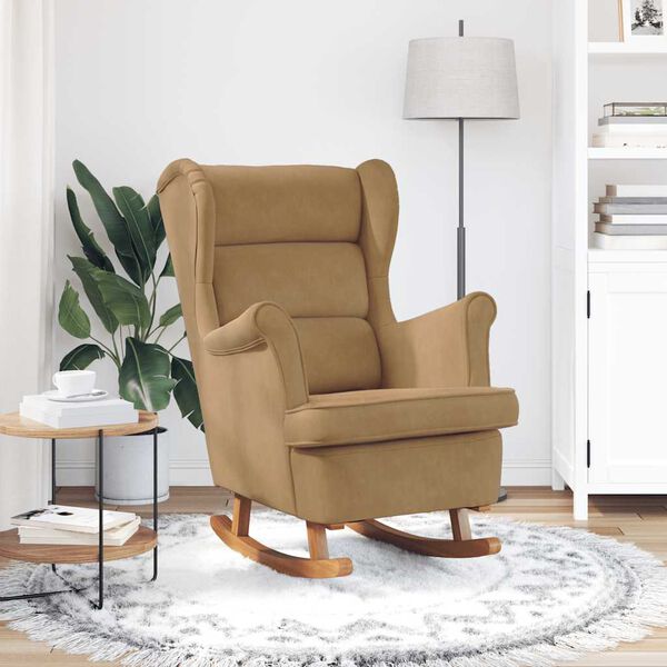 vidaXL Schaukelstuhl Ohrensessel Braun Samt und Massivholz