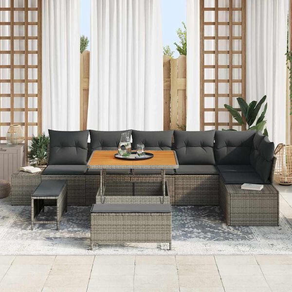 vidaXL Gartensofa-set mit Kissen mit Speicher 9 pcs Grau Poly Rattan