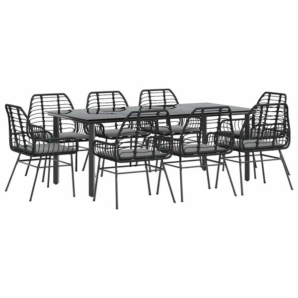 vidaXL 9-tlg. Garten-Essgruppe mit Kissen Schwarz Poly Rattan Glas