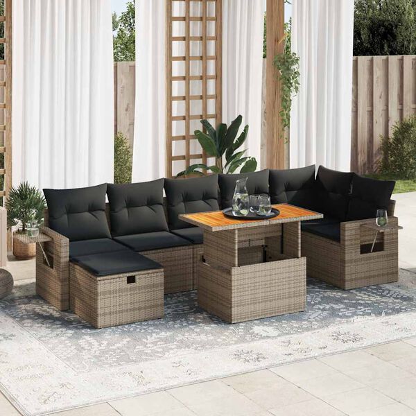 vidaXL 5-tlg. Garten-Sofagarnitur mit Kissen Grau Poly Rattan Akazie