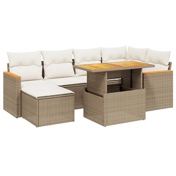 vidaXL 7-tlg. Garten-Sofagarnitur mit Kissen Beige Poly Rattan
