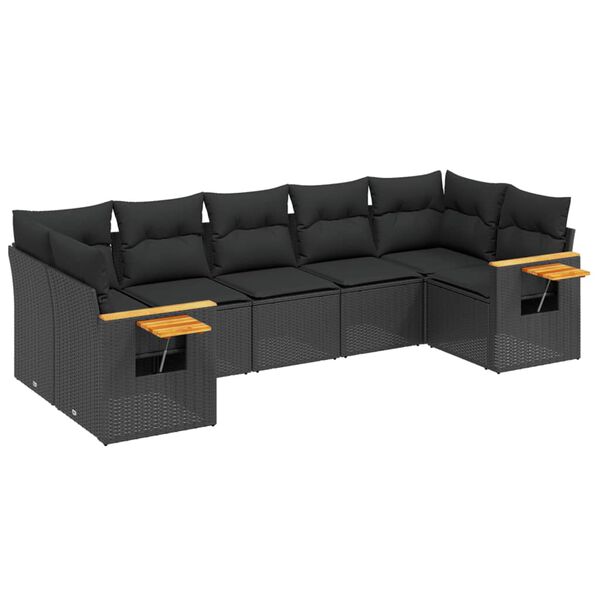vidaXL 7-tlg. Garten-Sofagarnitur mit Kissen Schwarz Poly Rattan
