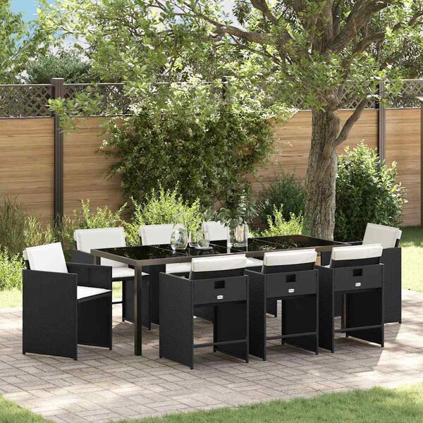 vidaXL Garten Essgruppe mit Kissen 9 pcs Schwarz Poly-Rattan