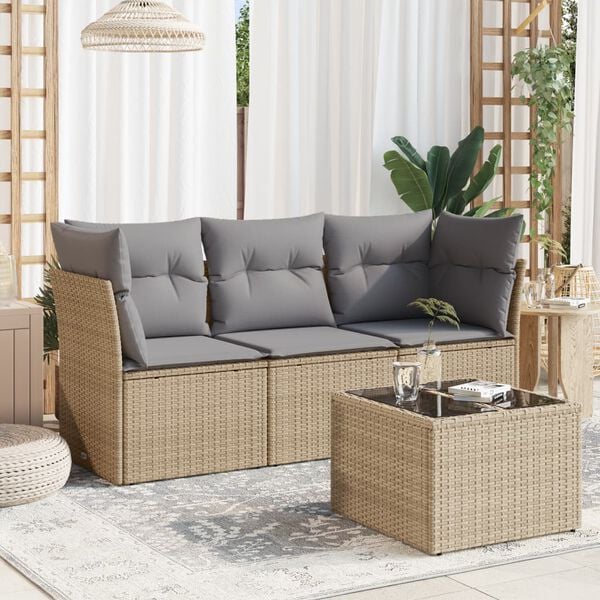 vidaXL 4-tlg. Garten-Sofagarnitur mit Kissen Beige Poly Rattan