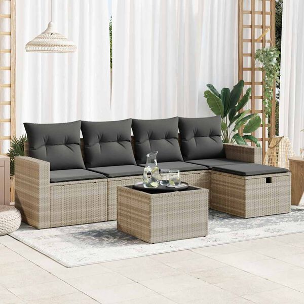 vidaXL 6-tlg. Garten-Sofagarnitur mit Kissen Hellgrau Poly Rattan